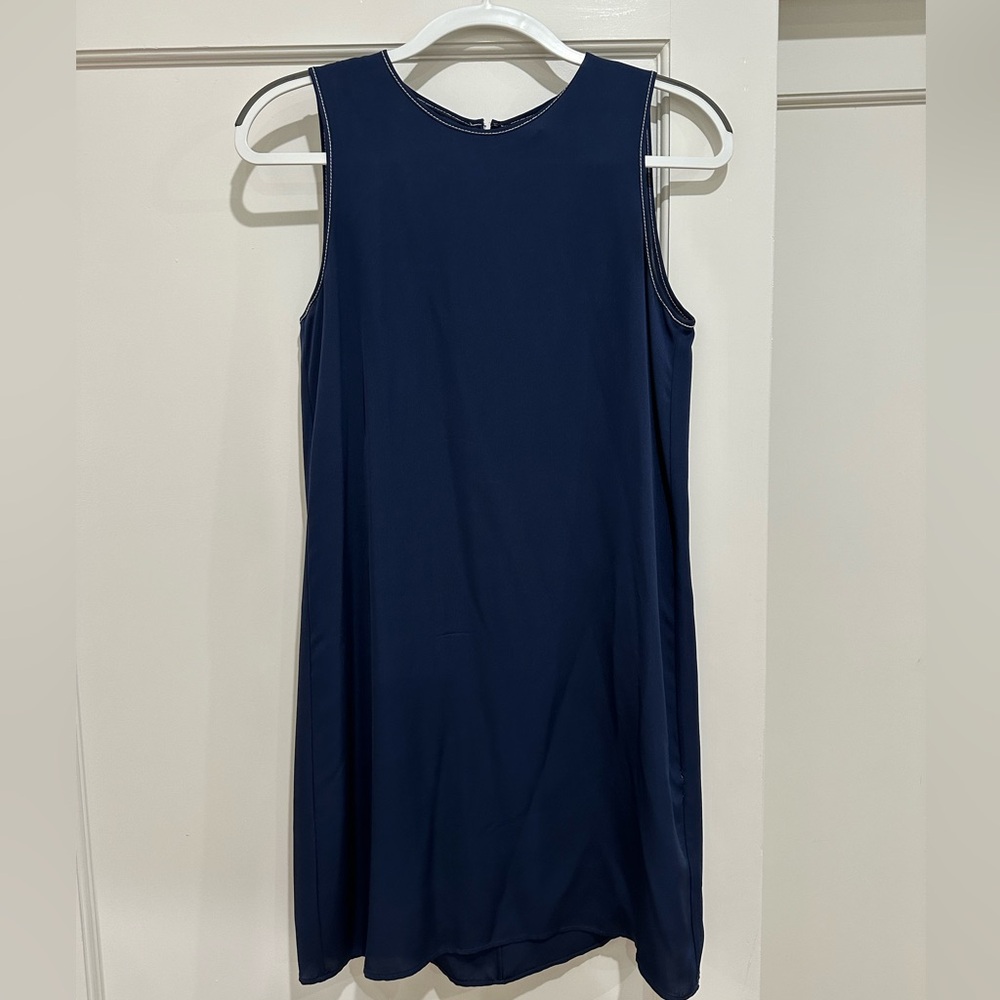 Theory Silk Navy Shift Dress with White Contrast Stitching